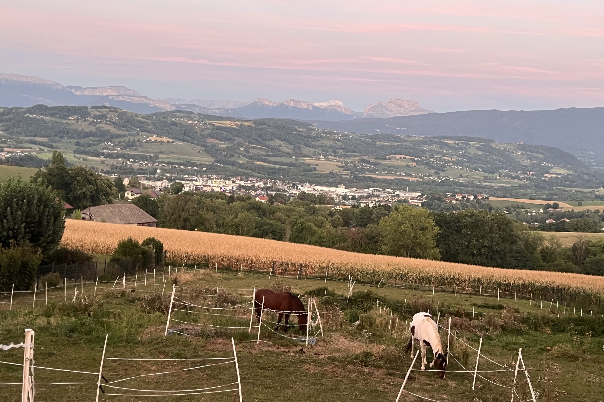 La campagne de l'Albanais et les montagnes depuis la villa, en fin de journée